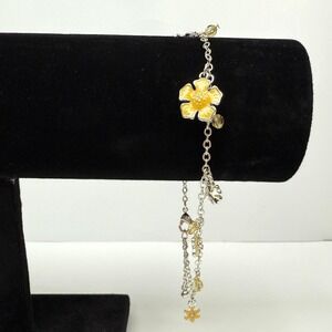 Dangling Flower Charm Ankle Bracelet Yellow Enamel Silver Tone Jewelry 11 in